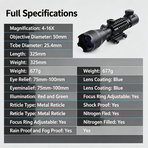 4-16X Rifle Scope Tactical Red Green Illuminated Reticle Hunting Sight
