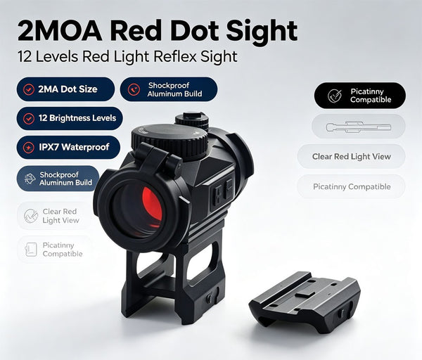 2MOA Red Dot Sight Tactical 12 Levels Red Light Reflex Sight Rifle Scope IPX7