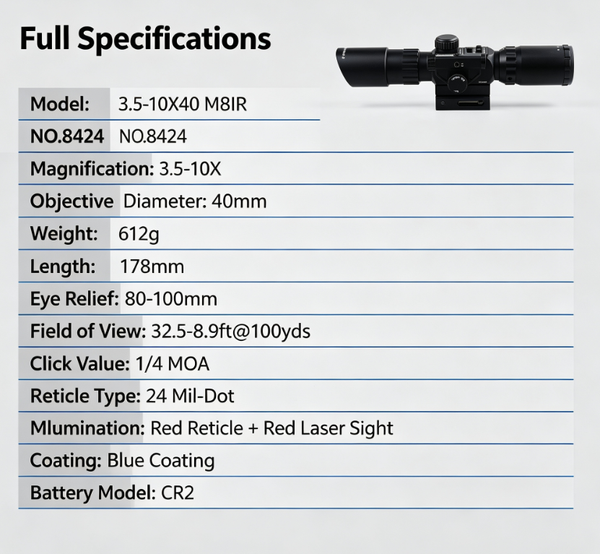 3.5-10X Rifle Scope Reticle 40mm Red laser sight Compact 24 Mil-Dot Reticle