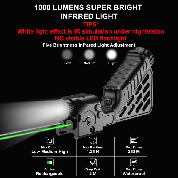 Tactical Green Laser Sight Infrared Illuminator Combo USB Picatinny Rail Mount