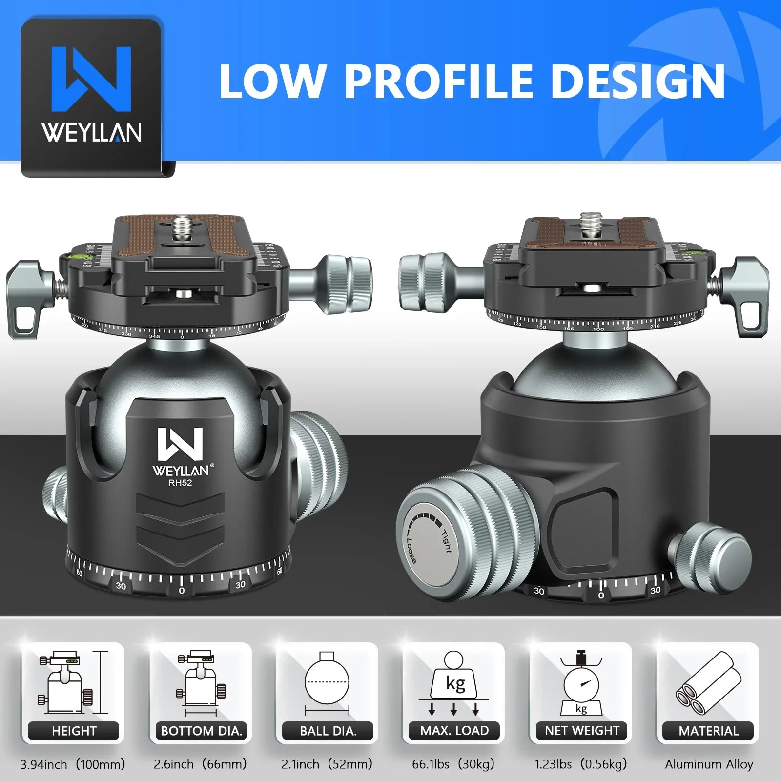 RH52 Low Profile 52mm Tripod Ball Head