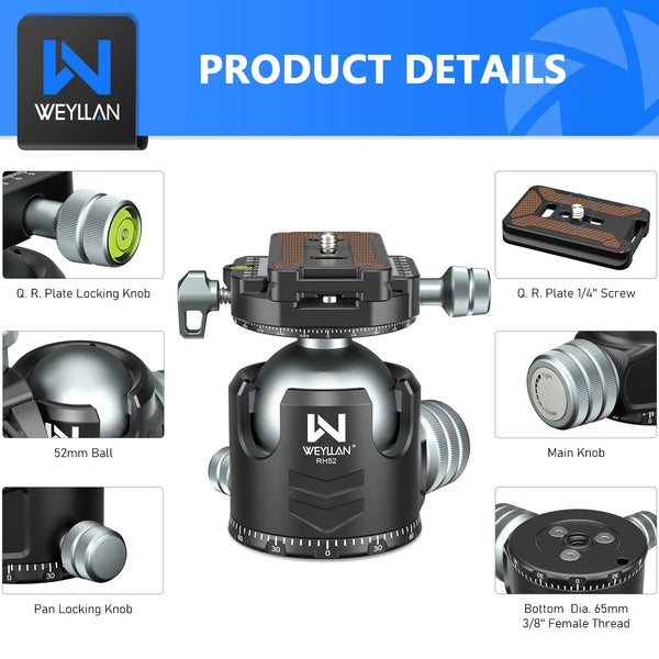 RH52 Low Profile 52mm Tripod Ball Head